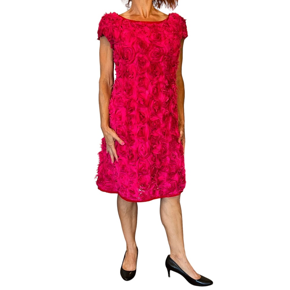 WOMEN'S PINK TARTAN BRIGHT PINK ROSEBUT ROSETTE COCKTAIL CAP SLEEVE DRESS SZ 4